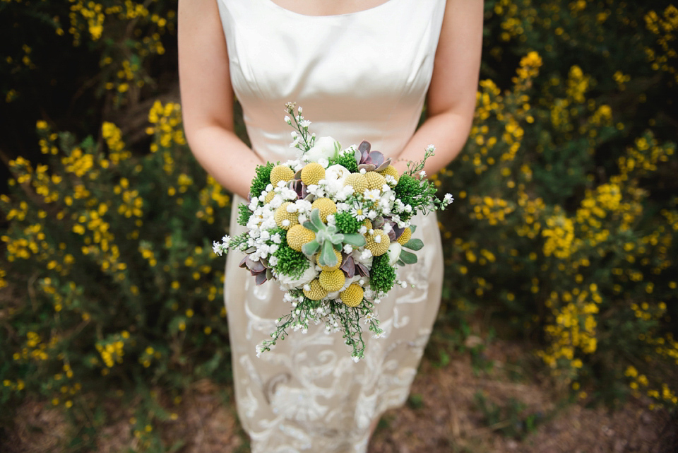 A 1950's vintage dress for a yellow and green Humanist tipi wedding in Scotland. Images by Mack Photo.