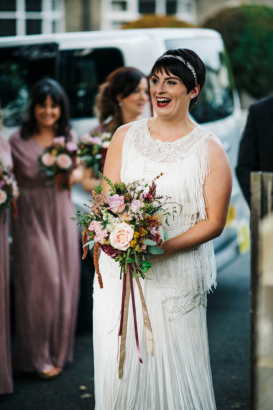 Hayley wore a 1920s tasseled dress by Phase Eight for her Autumn Wedding. Photography by Kerry Woods.