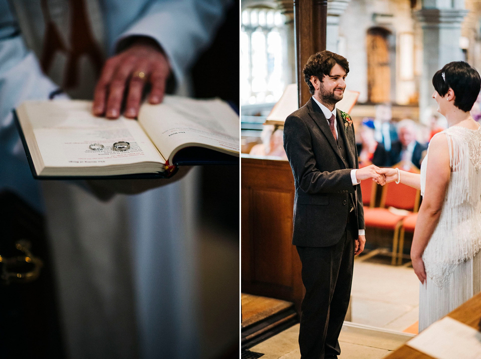 Hayley wore a 1920s tasseled dress by Phase Eight for her Autumn Wedding. Photography by Kerry Woods.