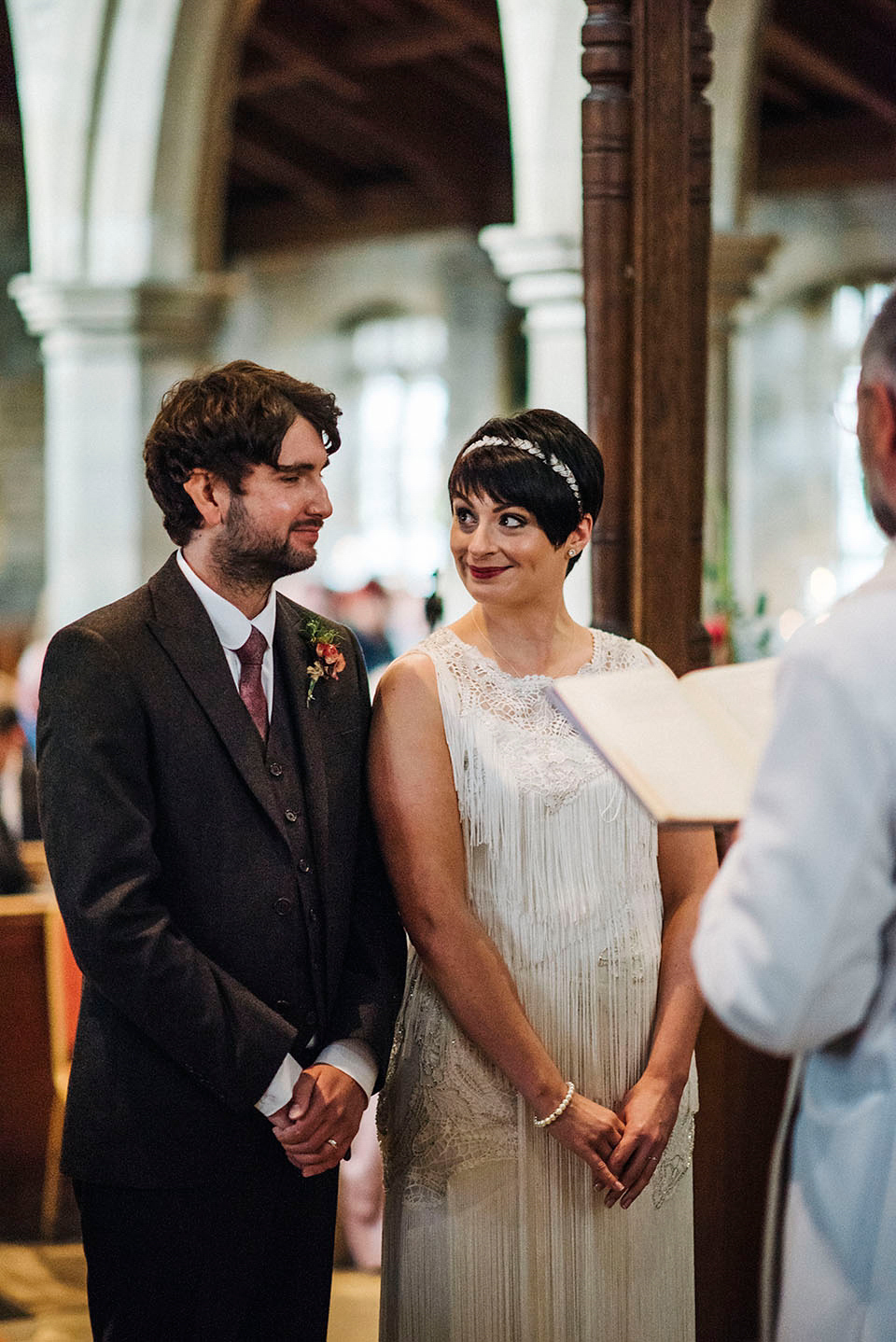 Hayley wore a 1920s tasseled dress by Phase Eight for her Autumn Wedding. Photography by Kerry Woods.