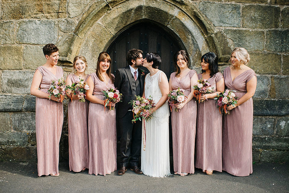 Hayley wore a 1920s tasseled dress by Phase Eight for her Autumn Wedding. Photography by Kerry Woods.