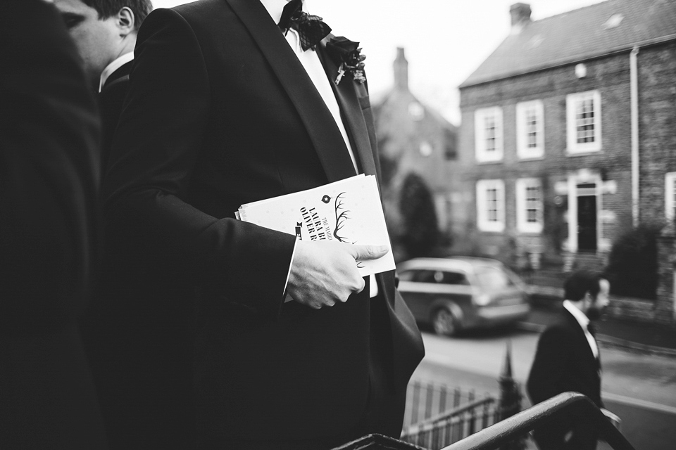 Laura wears 'Mimosa' by Jenny Packham for her winter wedding on the family farm in York. Photography by Kate Gray.