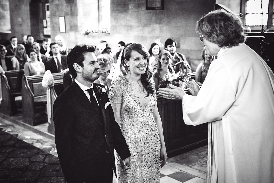 Our Lovettes member Emily wore a glamorous Jenny Packham gown for her elegant, English country wedding at Shustoke Farm Barns. Photography by Mister Phill.