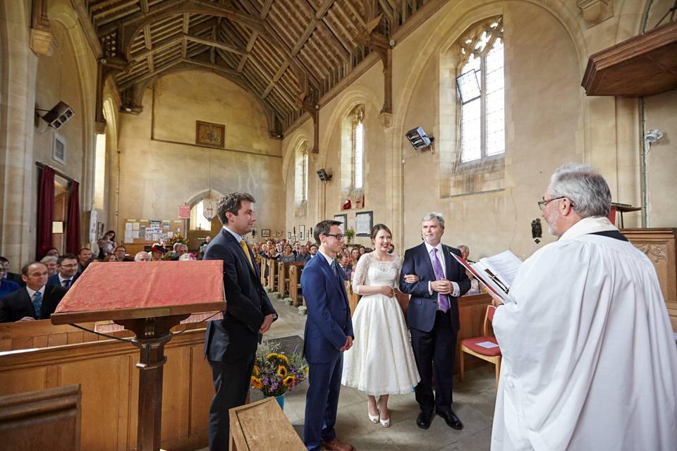 A fabulous 1950's Fur Coat No Knickers dress for a flower-filled Norfolk countryside wedding. Images by Fuller Photography.