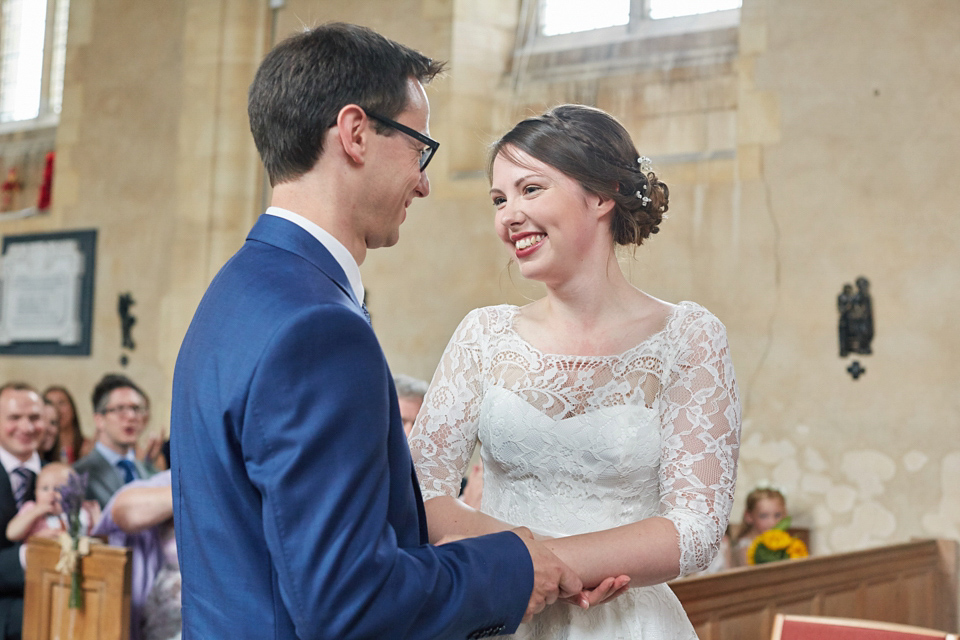 A fabulous 1950's Fur Coat No Knickers dress for a flower-filled Norfolk countryside wedding. Images by Fuller Photography.