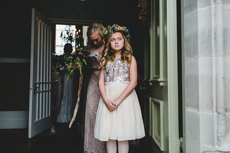 Bride Abby wears a gown by Wilden Bride of London for her Autumn wedding at Lemore Manor in Herefordshire. Photography by Sarah Beth, flowers by Juliet Glaves.
