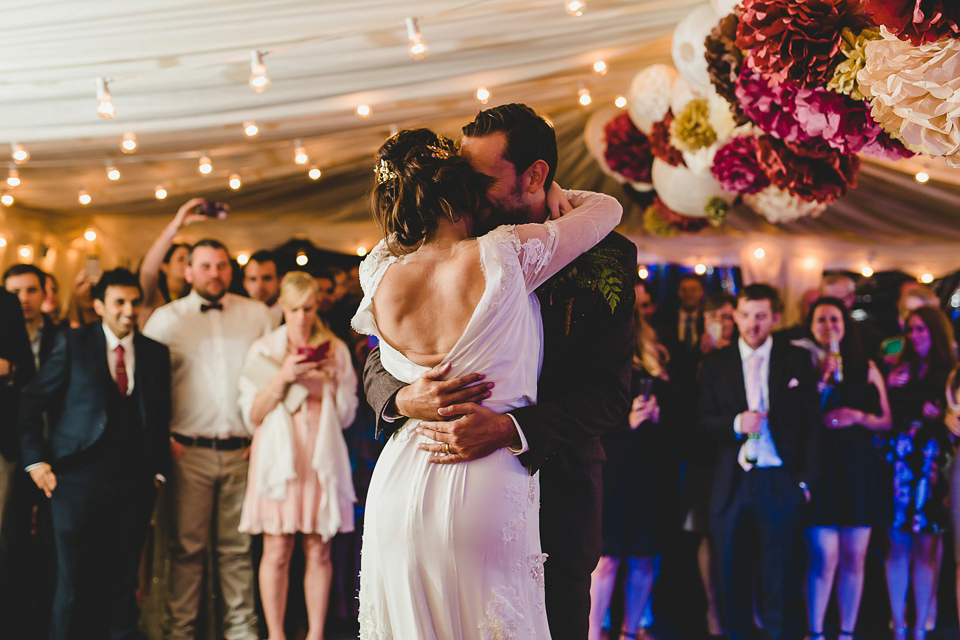 Bride Abby wears a gown by Wilden Bride of London for her Autumn wedding at Lemore Manor in Herefordshire. Photography by Sarah Beth, flowers by Juliet Glaves.