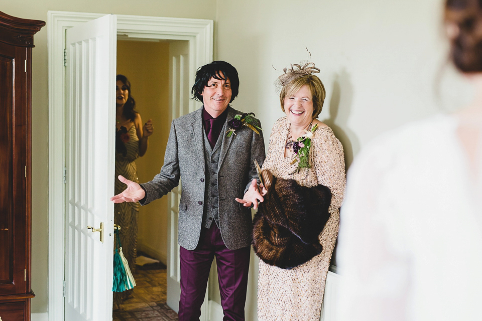 Bride Abby wears a gown by Wilden Bride of London for her Autumn wedding at Lemore Manor in Herefordshire. Photography by Sarah Beth, flowers by Juliet Glaves.