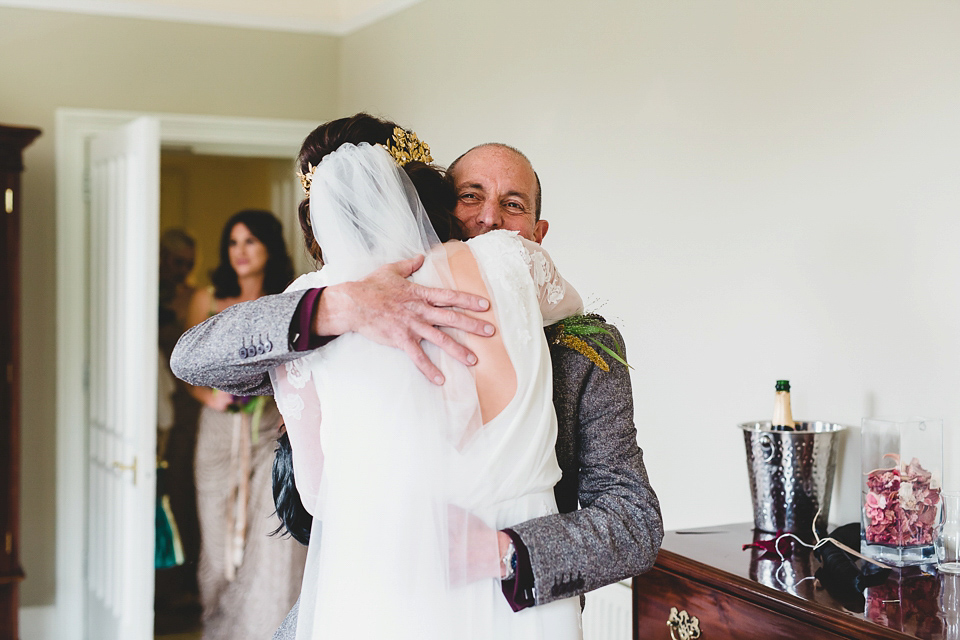 Bride Abby wears a gown by Wilden Bride of London for her Autumn wedding at Lemore Manor in Herefordshire. Photography by Sarah Beth, flowers by Juliet Glaves.