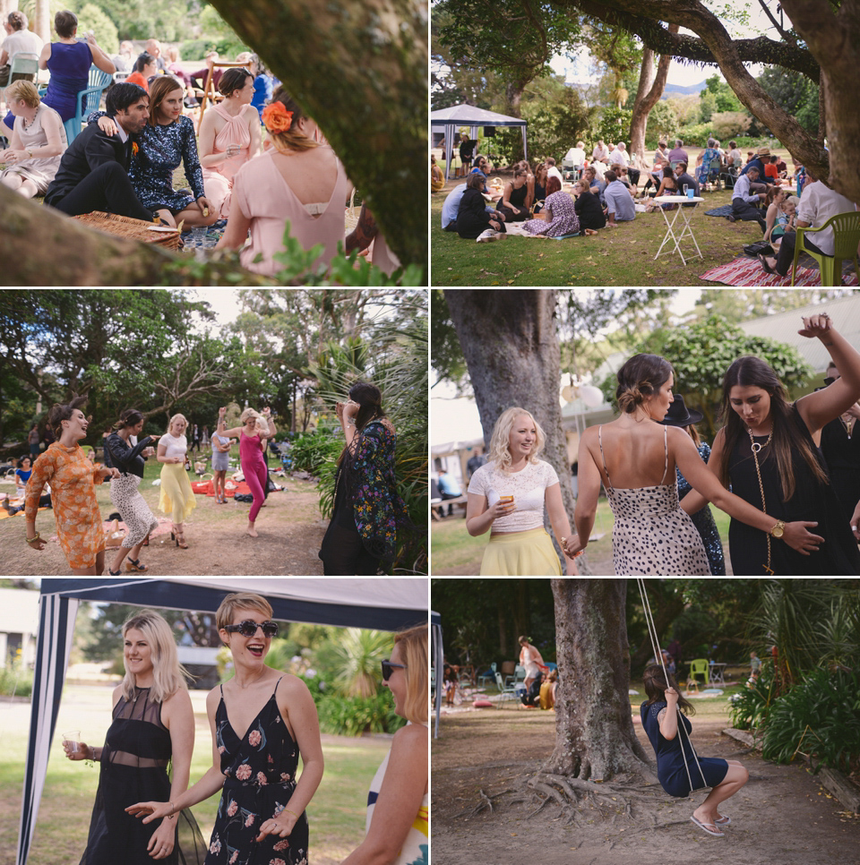 A blue sequin wedding dress for a colourful and flower filled picnic wedding. Photography by Sarah Burton.