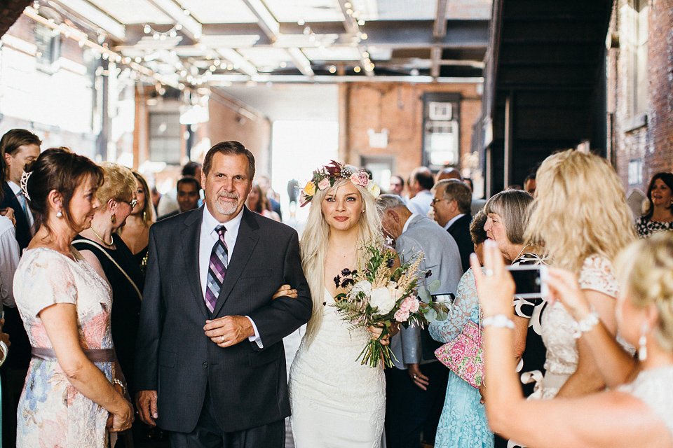 A laid back and romantic disused factory wedding in Brooklyn New York. Bride Maris wore a Nicole Miller gown via BHLDN. Photoggraphy by Jean-Laurent Gaudy.