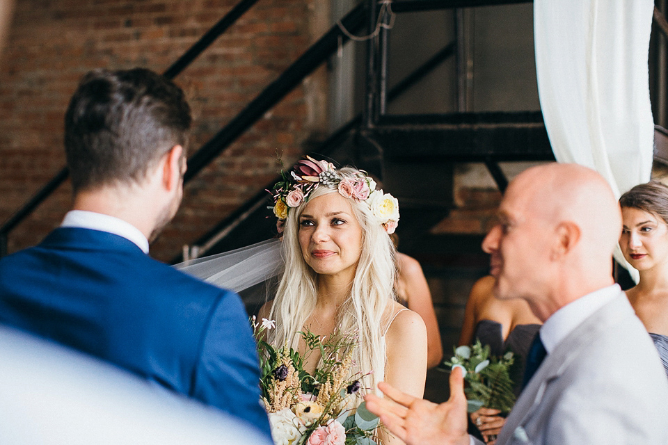 A laid back and romantic disused factory wedding in Brooklyn New York. Bride Maris wore a Nicole Miller gown via BHLDN. Photoggraphy by Jean-Laurent Gaudy.