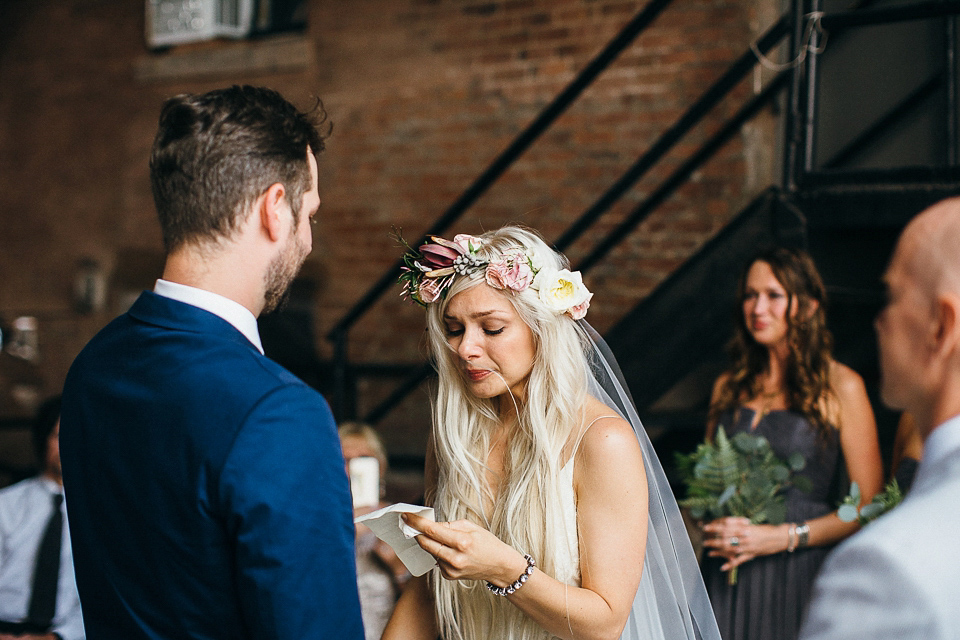 A laid back and romantic disused factory wedding in Brooklyn New York. Bride Maris wore a Nicole Miller gown via BHLDN. Photoggraphy by Jean-Laurent Gaudy.