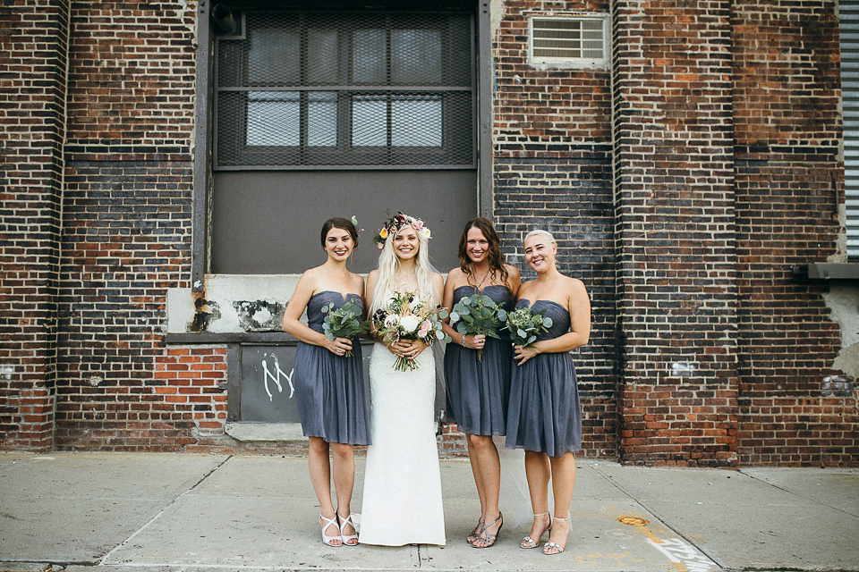 A laid back and romantic disused factory wedding in Brooklyn New York. Bride Maris wore a Nicole Miller gown via BHLDN. Photoggraphy by Jean-Laurent Gaudy.