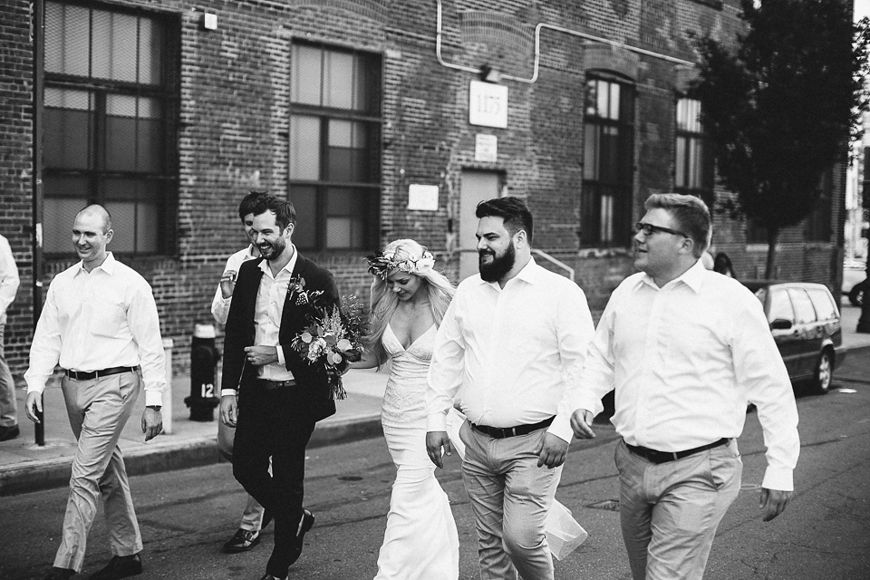 A laid back and romantic disused factory wedding in Brooklyn New York. Bride Maris wore a Nicole Miller gown via BHLDN. Photoggraphy by Jean-Laurent Gaudy.