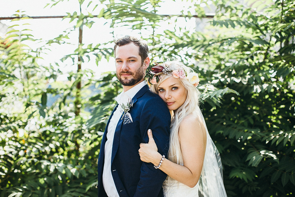 A laid back and romantic disused factory wedding in Brooklyn New York. Bride Maris wore a Nicole Miller gown via BHLDN. Photoggraphy by Jean-Laurent Gaudy.