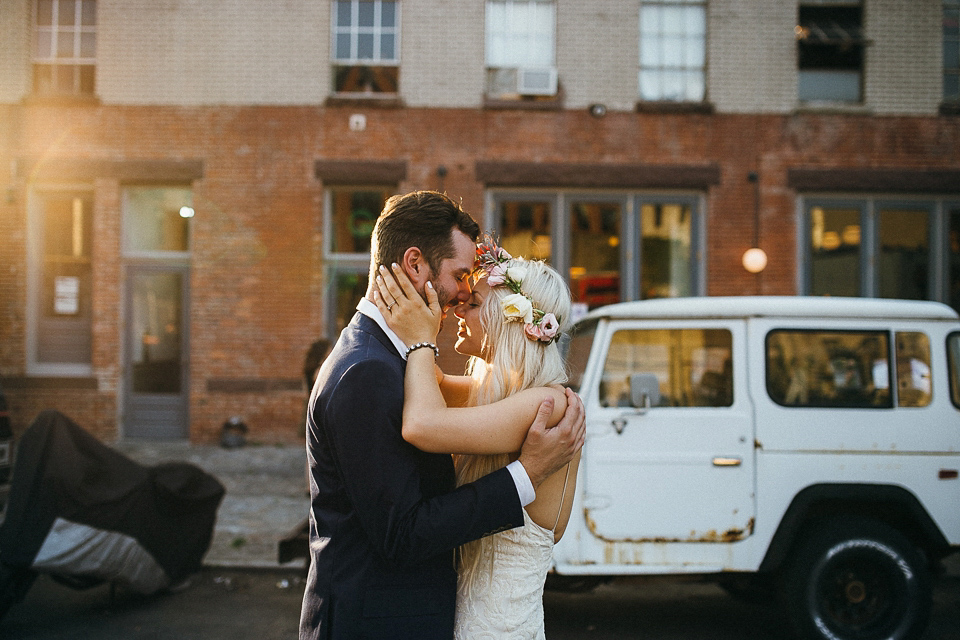 A laid back and romantic disused factory wedding in Brooklyn New York. Bride Maris wore a Nicole Miller gown via BHLDN. Photoggraphy by Jean-Laurent Gaudy.