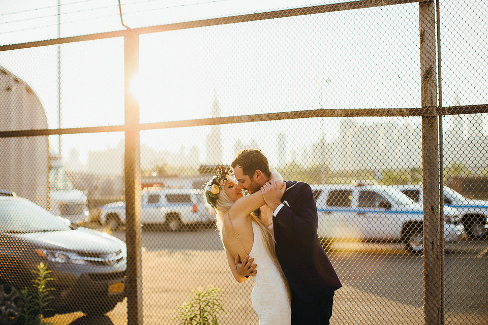 A laid back and romantic disused factory wedding in Brooklyn New York. Bride Maris wore a Nicole Miller gown via BHLDN. Photoggraphy by Jean-Laurent Gaudy.
