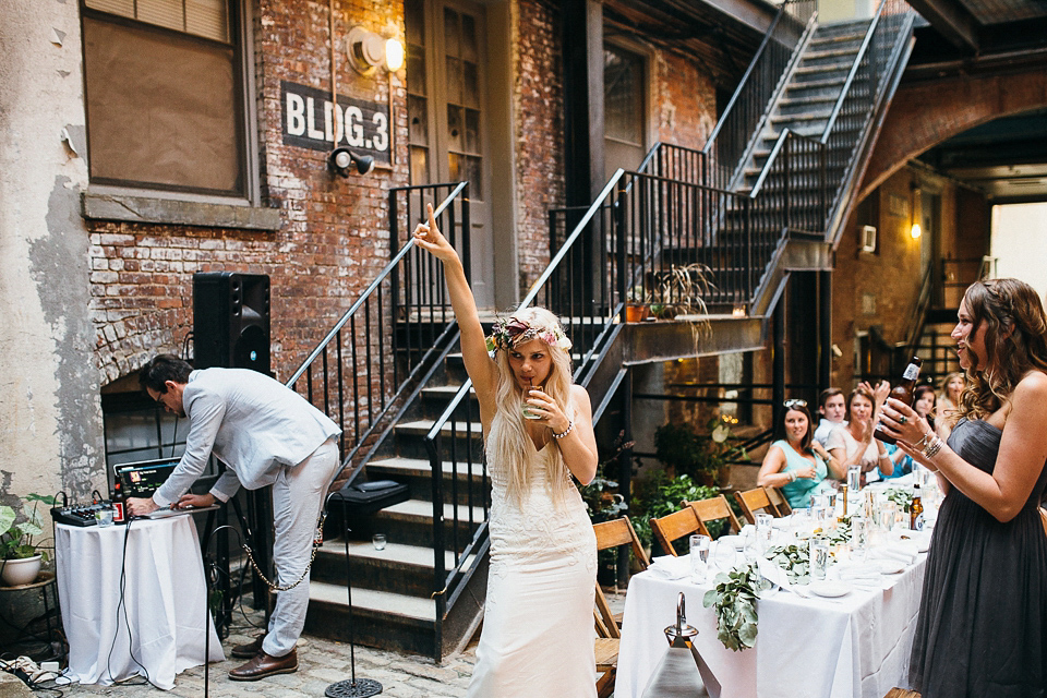 A laid back and romantic disused factory wedding in Brooklyn New York. Bride Maris wore a Nicole Miller gown via BHLDN. Photoggraphy by Jean-Laurent Gaudy.