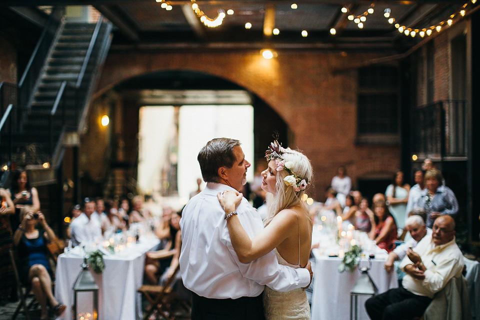 A laid back and romantic disused factory wedding in Brooklyn New York. Bride Maris wore a Nicole Miller gown via BHLDN. Photoggraphy by Jean-Laurent Gaudy.