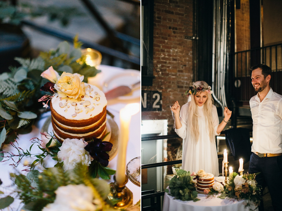 A laid back and romantic disused factory wedding in Brooklyn New York. Bride Maris wore a Nicole Miller gown via BHLDN. Photoggraphy by Jean-Laurent Gaudy.