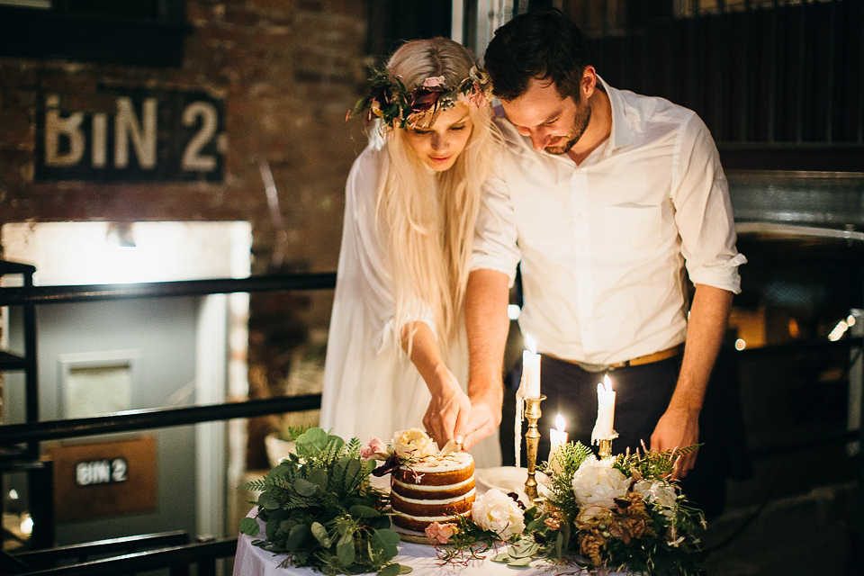 A laid back and romantic disused factory wedding in Brooklyn New York. Bride Maris wore a Nicole Miller gown via BHLDN. Photoggraphy by Jean-Laurent Gaudy.