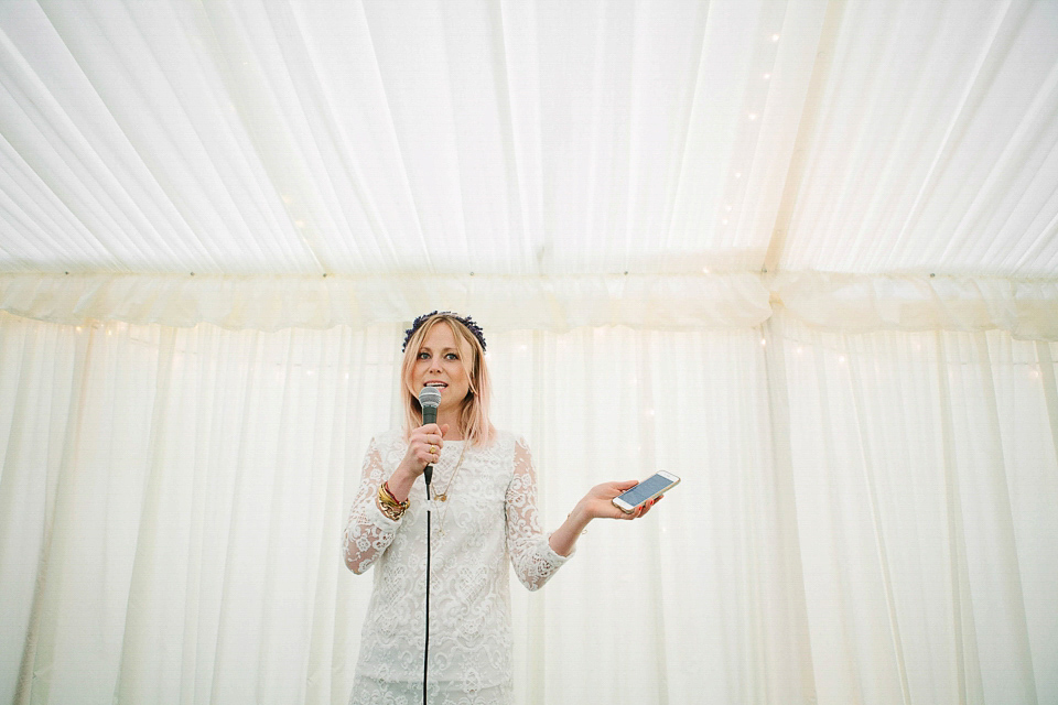 Bride Sarah wears a dropped waist gown by Stephanie Allin for her English country garden wedding. Photography by Joanna Brown.