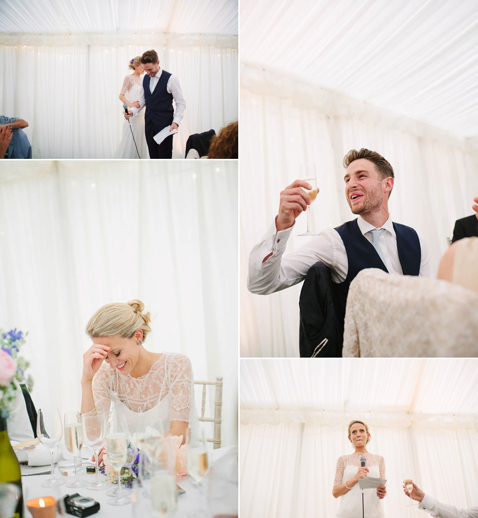 Bride Sarah wears a dropped waist gown by Stephanie Allin for her English country garden wedding. Photography by Joanna Brown.