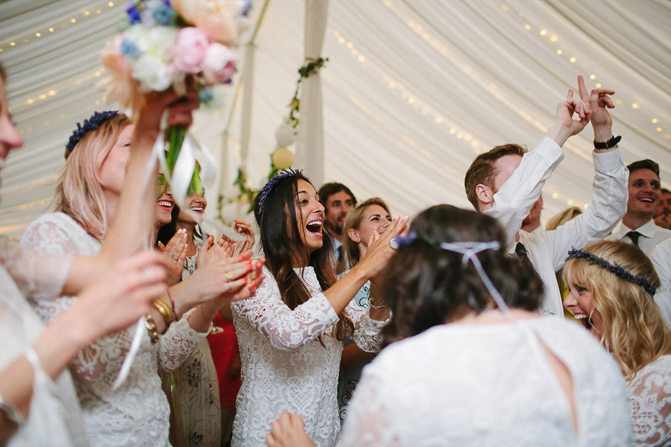 Bride Sarah wears a dropped waist gown by Stephanie Allin for her English country garden wedding. Photography by Joanna Brown.