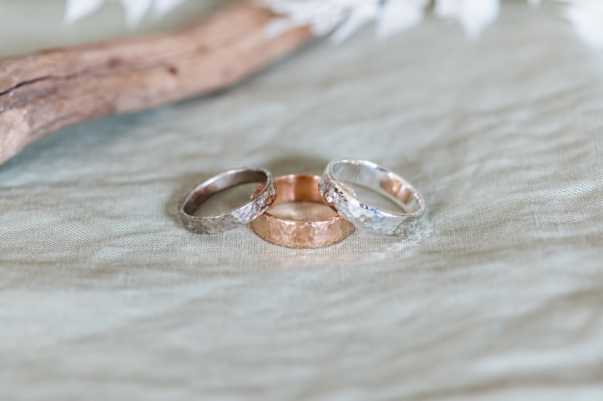 Nikki Stark Jewellery 1 Hammered Wedding Rings, 18ct white gold, 9ct rose gold, sterling silver