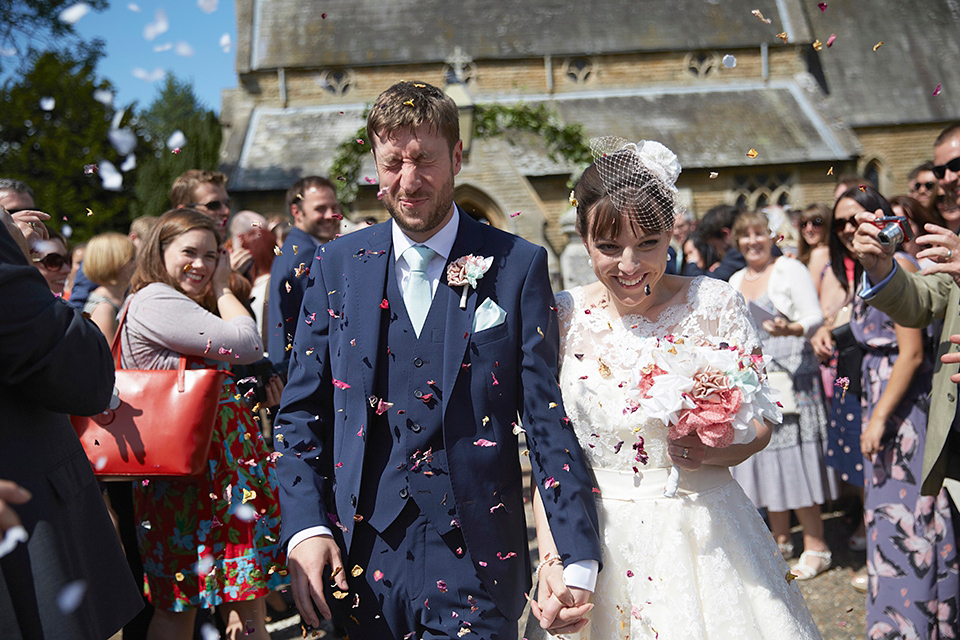 A Short Lace Dress and Fabric Flowers for a Wedding in the Cambridgeshire Countryside. Photography by Natalie J. Weddings Photography.