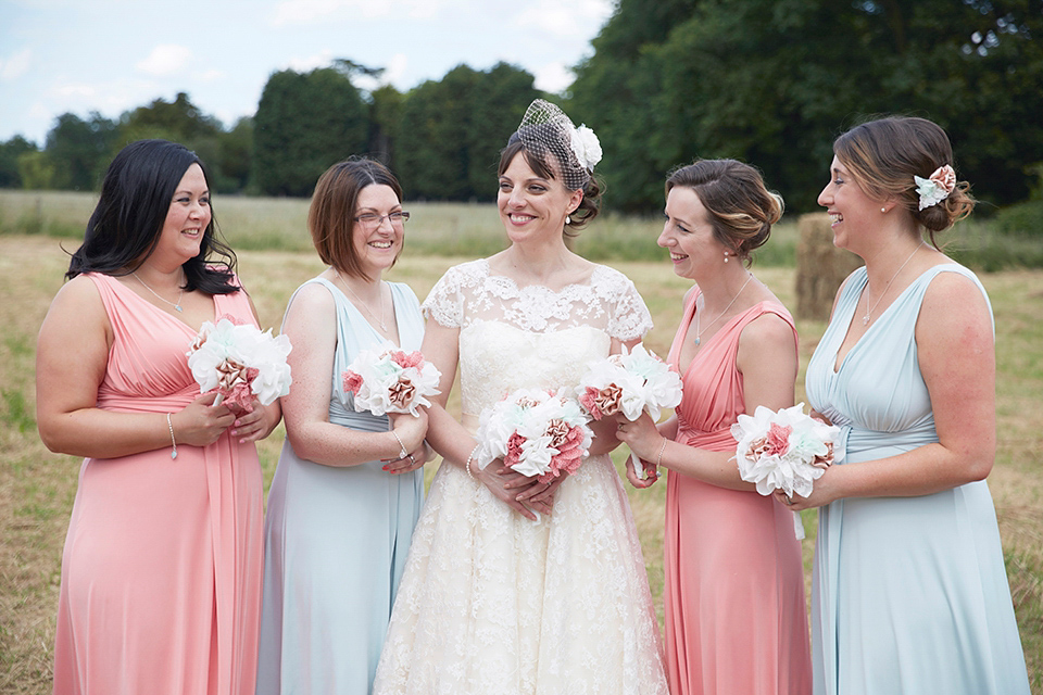 A Short Lace Dress and Fabric Flowers for a Wedding in the Cambridgeshire Countryside. Photography by Natalie J. Weddings Photography.