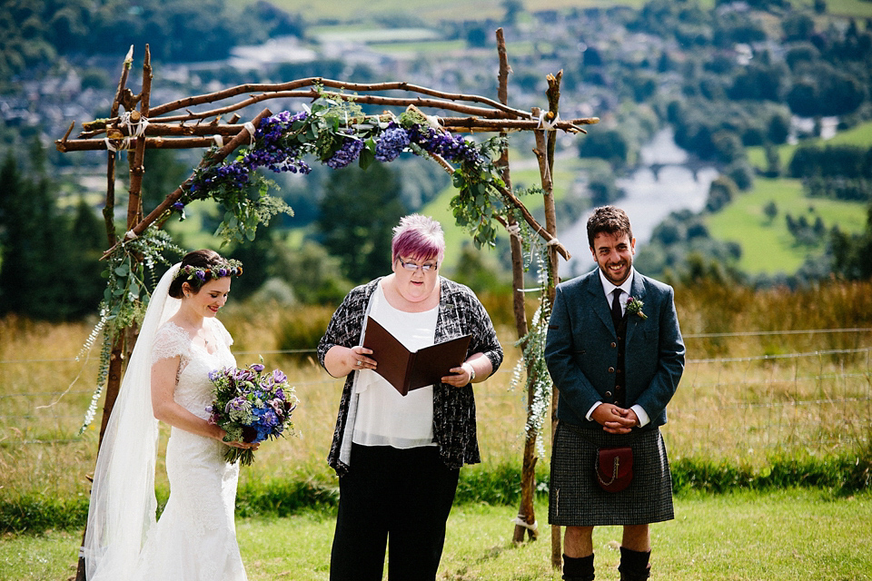 Claire wears a Maggie Sottero dress for her homespun and Humanist wedding in Scotland. Photography by Euan Robertson.