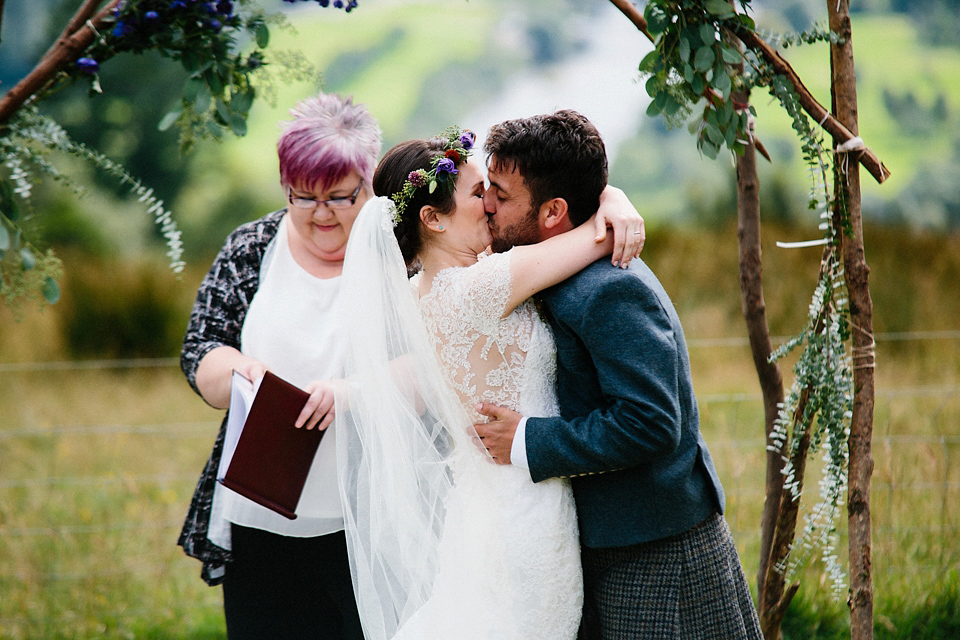 Claire wears a Maggie Sottero dress for her homespun and Humanist wedding in Scotland. Photography by Euan Robertson.