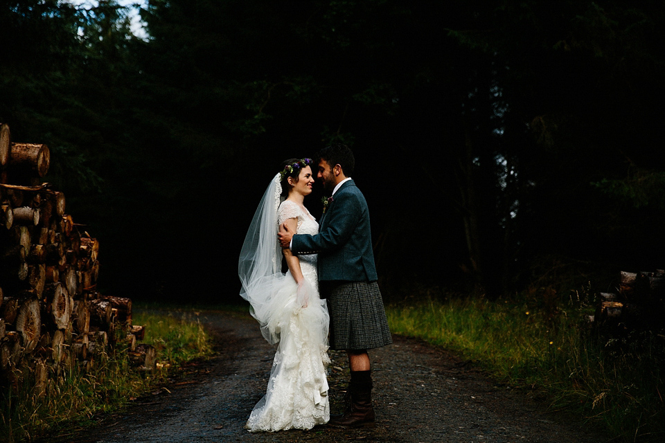 Claire wears a Maggie Sottero dress for her homespun and Humanist wedding in Scotland. Photography by Euan Robertson.