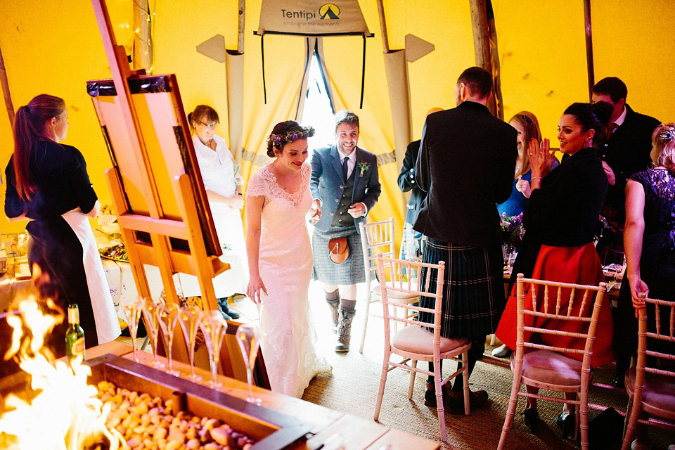 Claire wears a Maggie Sottero dress for her homespun and Humanist wedding in Scotland. Photography by Euan Robertson.