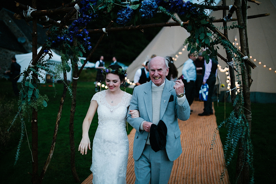 Claire wears a Maggie Sottero dress for her homespun and Humanist wedding in Scotland. Photography by Euan Robertson.