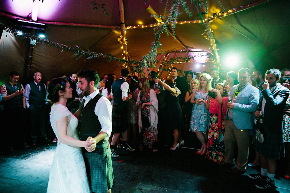 Claire wears a Maggie Sottero dress for her homespun and Humanist wedding in Scotland. Photography by Euan Robertson.