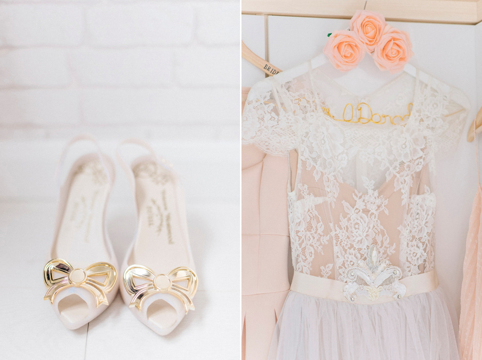 Bride Laura wore a tiered wedding dress by Katya Katya Shehurina for her peach wedding at Lartington Hall in Teesdale. Photography by Sarah Jane Ethan.