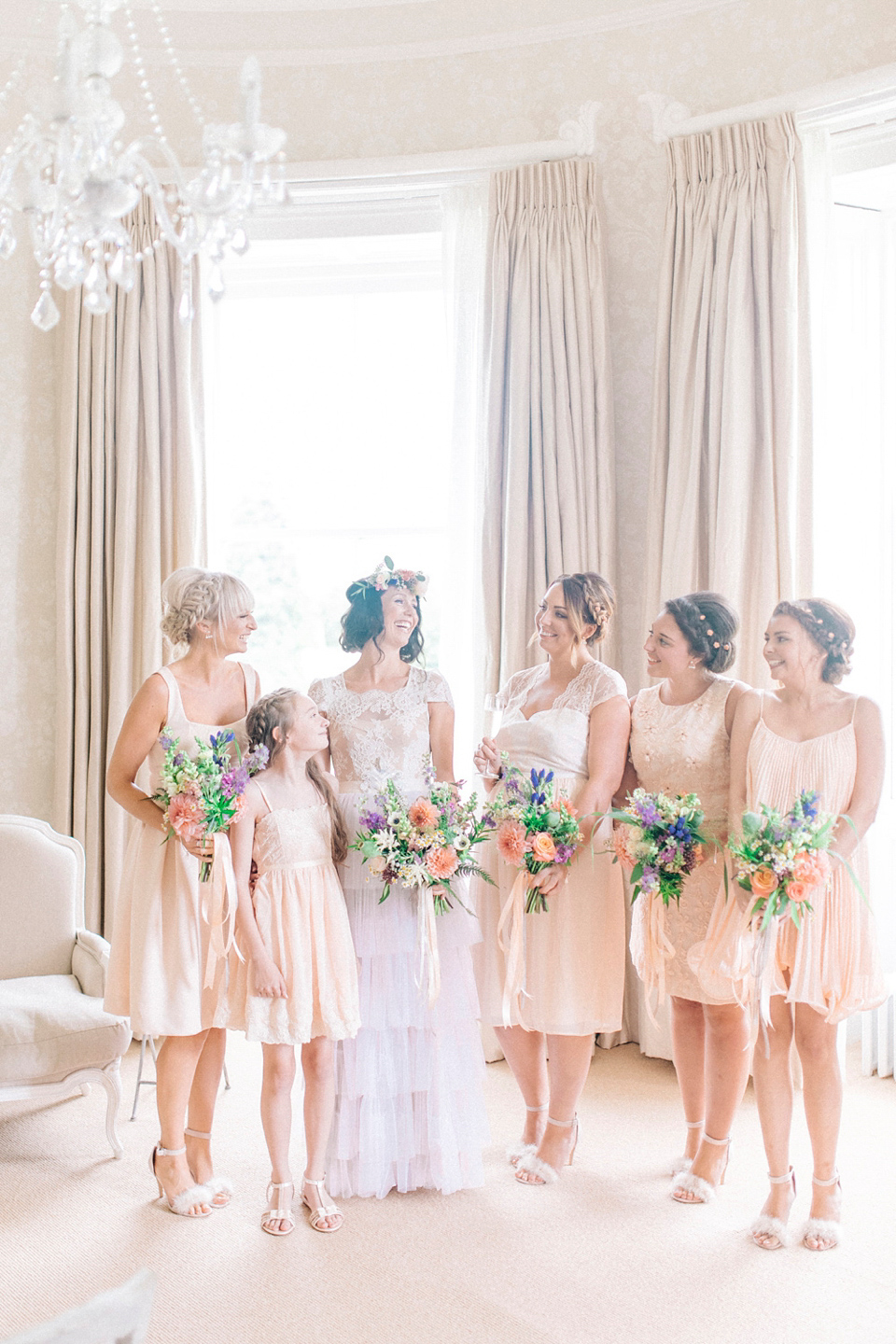 Bride Laura wore a tiered wedding dress by Katya Katya Shehurina for her peach wedding at Lartington Hall in Teesdale. Photography by Sarah Jane Ethan. Bride Laura wore a tiered wedding dress by Katya Katya Shehurina for her peach wedding at Lartington Hall in Teesdale. Photography by Sarah Jane Ethan.