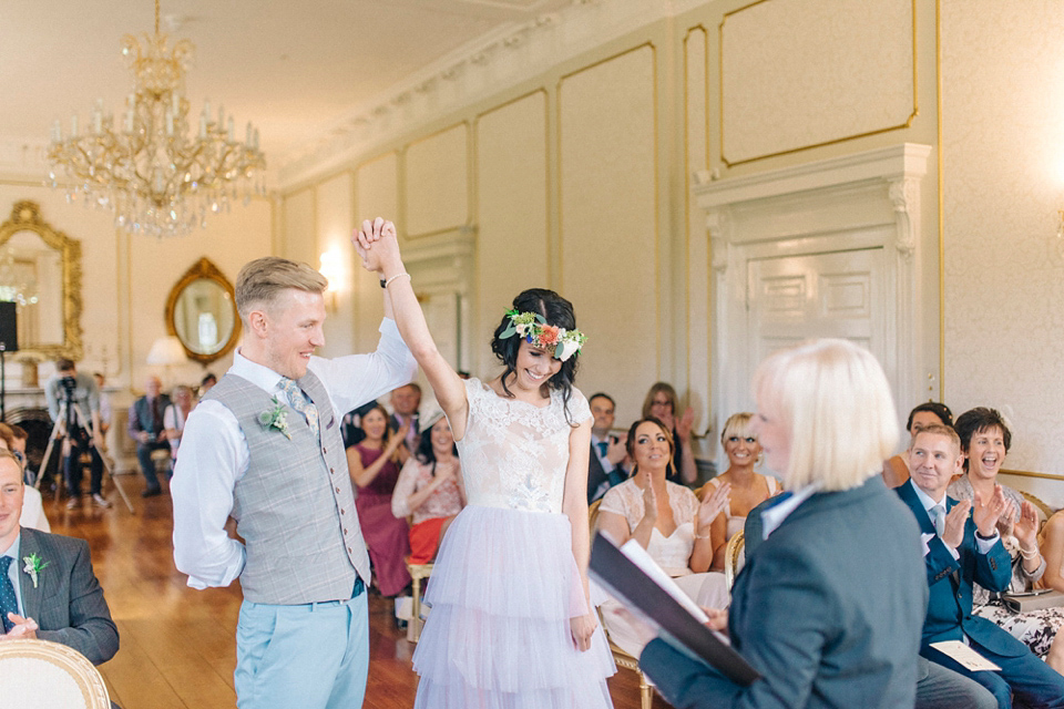Bride Laura wore a tiered wedding dress by Katya Katya Shehurina for her peach wedding at Lartington Hall in Teesdale. Photography by Sarah Jane Ethan. Bride Laura wore a tiered wedding dress by Katya Katya Shehurina for her peach wedding at Lartington Hall in Teesdale. Photography by Sarah Jane Ethan.