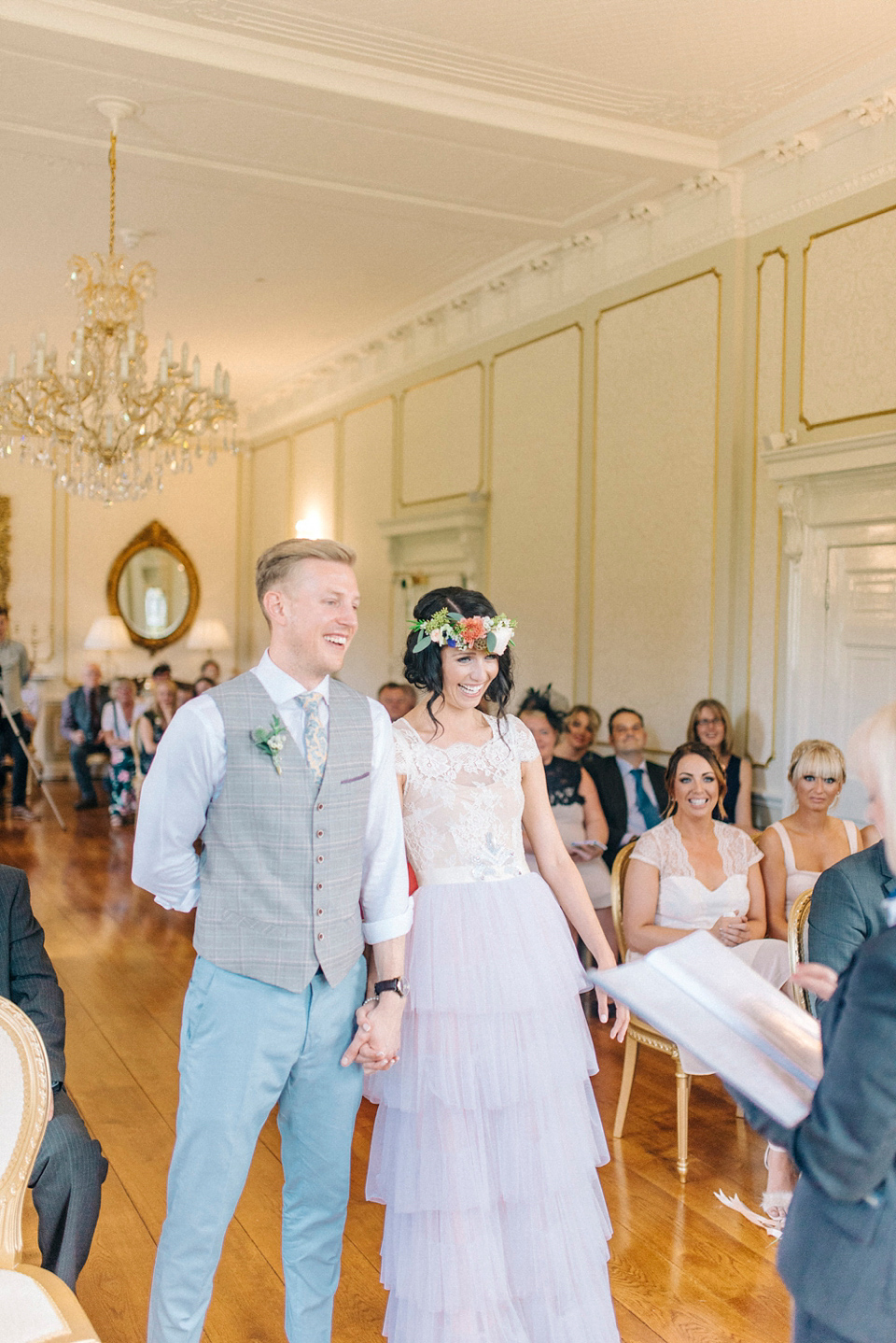 Bride Laura wore a tiered wedding dress by Katya Katya Shehurina for her peach wedding at Lartington Hall in Teesdale. Photography by Sarah Jane Ethan. Bride Laura wore a tiered wedding dress by Katya Katya Shehurina for her peach wedding at Lartington Hall in Teesdale. Photography by Sarah Jane Ethan.