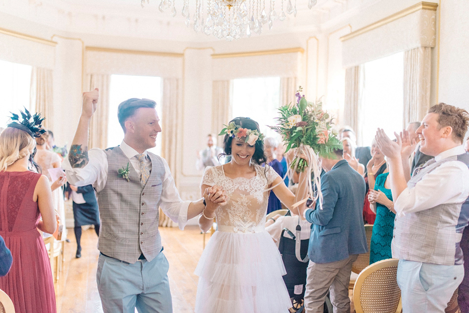 Bride Laura wore a tiered wedding dress by Katya Katya Shehurina for her peach wedding at Lartington Hall in Teesdale. Photography by Sarah Jane Ethan. Bride Laura wore a tiered wedding dress by Katya Katya Shehurina for her peach wedding at Lartington Hall in Teesdale. Photography by Sarah Jane Ethan.