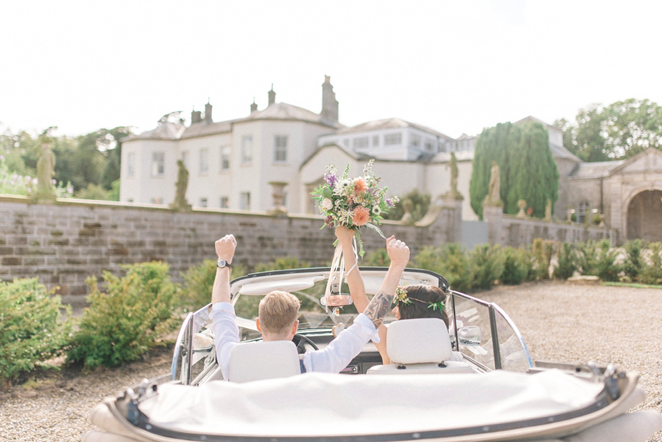 Bride Laura wore a tiered wedding dress by Katya Katya Shehurina for her peach wedding at Lartington Hall in Teesdale. Photography by Sarah Jane Ethan. Bride Laura wore a tiered wedding dress by Katya Katya Shehurina for her peach wedding at Lartington Hall in Teesdale. Photography by Sarah Jane Ethan.