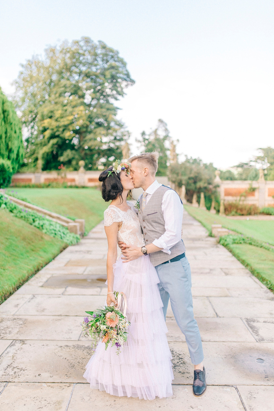 Bride Laura wore a tiered wedding dress by Katya Katya Shehurina for her peach wedding at Lartington Hall in Teesdale. Photography by Sarah Jane Ethan. Bride Laura wore a tiered wedding dress by Katya Katya Shehurina for her peach wedding at Lartington Hall in Teesdale. Photography by Sarah Jane Ethan.