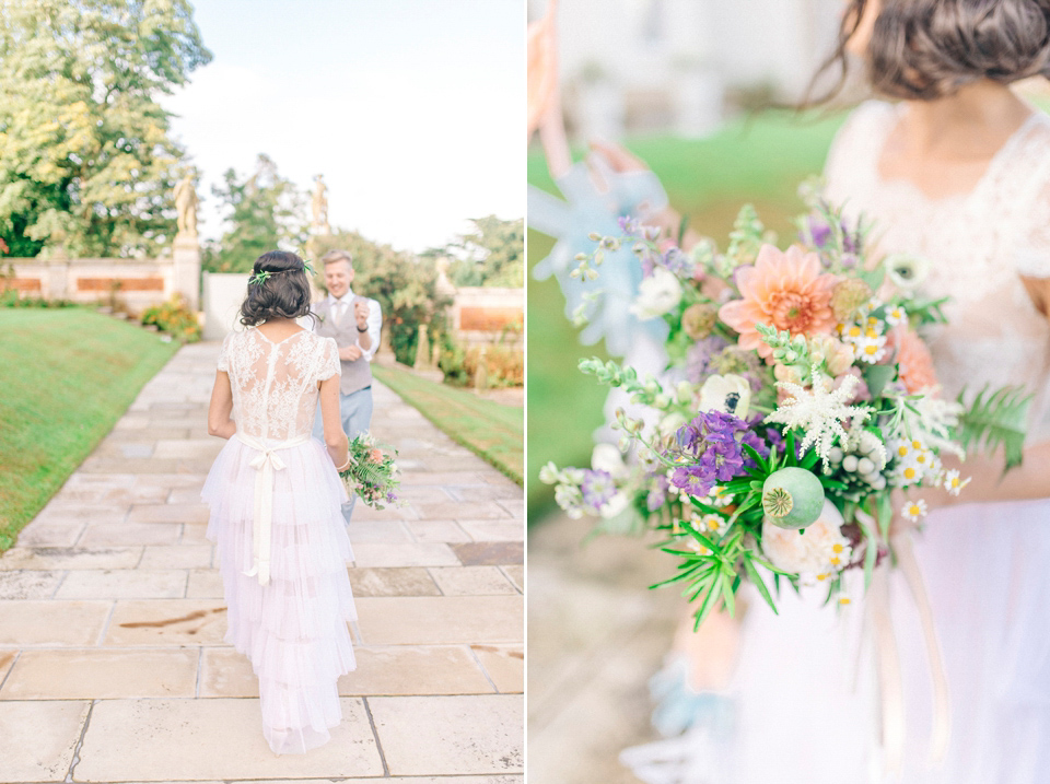 Bride Laura wore a tiered wedding dress by Katya Katya Shehurina for her peach wedding at Lartington Hall in Teesdale. Photography by Sarah Jane Ethan. Bride Laura wore a tiered wedding dress by Katya Katya Shehurina for her peach wedding at Lartington Hall in Teesdale. Photography by Sarah Jane Ethan.
