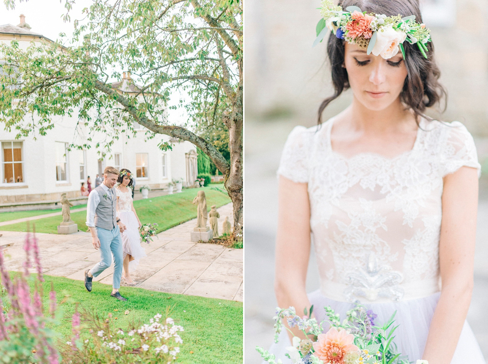 Bride Laura wore a tiered wedding dress by Katya Katya Shehurina for her peach wedding at Lartington Hall in Teesdale. Photography by Sarah Jane Ethan. Bride Laura wore a tiered wedding dress by Katya Katya Shehurina for her peach wedding at Lartington Hall in Teesdale. Photography by Sarah Jane Ethan.