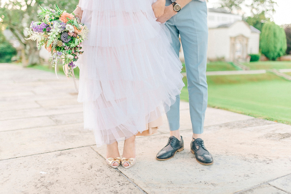 Bride Laura wore a tiered wedding dress by Katya Katya Shehurina for her peach wedding at Lartington Hall in Teesdale. Photography by Sarah Jane Ethan. Bride Laura wore a tiered wedding dress by Katya Katya Shehurina for her peach wedding at Lartington Hall in Teesdale. Photography by Sarah Jane Ethan.
