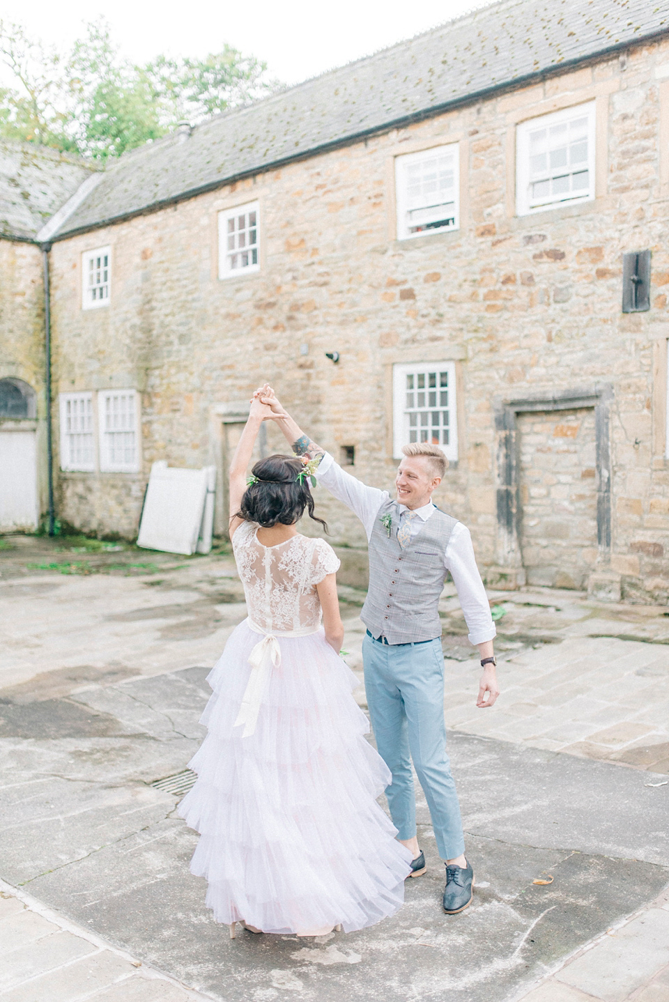 Bride Laura wore a tiered wedding dress by Katya Katya Shehurina for her peach wedding at Lartington Hall in Teesdale. Photography by Sarah Jane Ethan. Bride Laura wore a tiered wedding dress by Katya Katya Shehurina for her peach wedding at Lartington Hall in Teesdale. Photography by Sarah Jane Ethan.