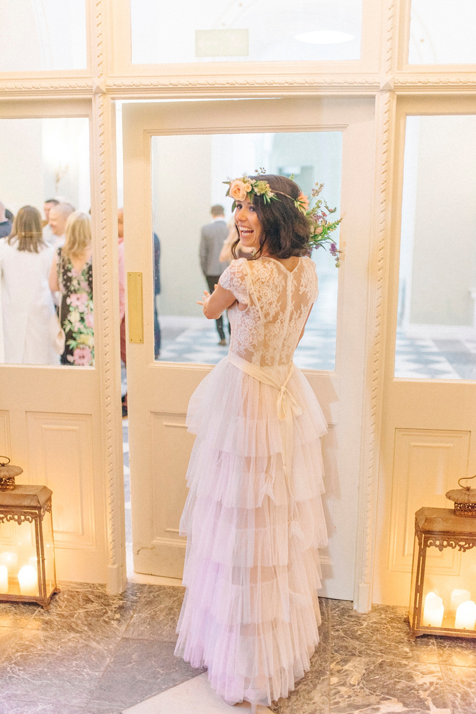 Bride Laura wore a tiered wedding dress by Katya Katya Shehurina for her peach wedding at Lartington Hall in Teesdale. Photography by Sarah Jane Ethan. Bride Laura wore a tiered wedding dress by Katya Katya Shehurina for her peach wedding at Lartington Hall in Teesdale. Photography by Sarah Jane Ethan.
